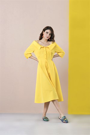 Aysha Elbise Sarı, elbise, sarı elbise , omuz dekolteli elbise, düğmeli elbise