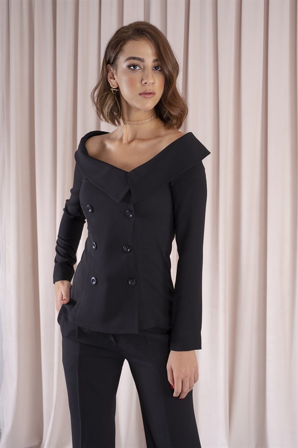 Tiffany Ceket Siyah, ceket, siyah ceket, düğmeli ceket, omuz dekolteli ceket